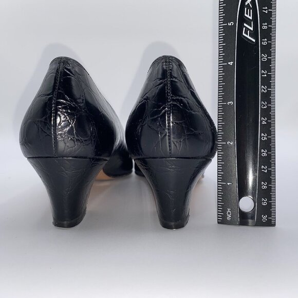 Salvatore Ferragamo Black Leather Croc Print Low Block Heel Slip-On 7.5AA Shoes - Picture 15 of 16